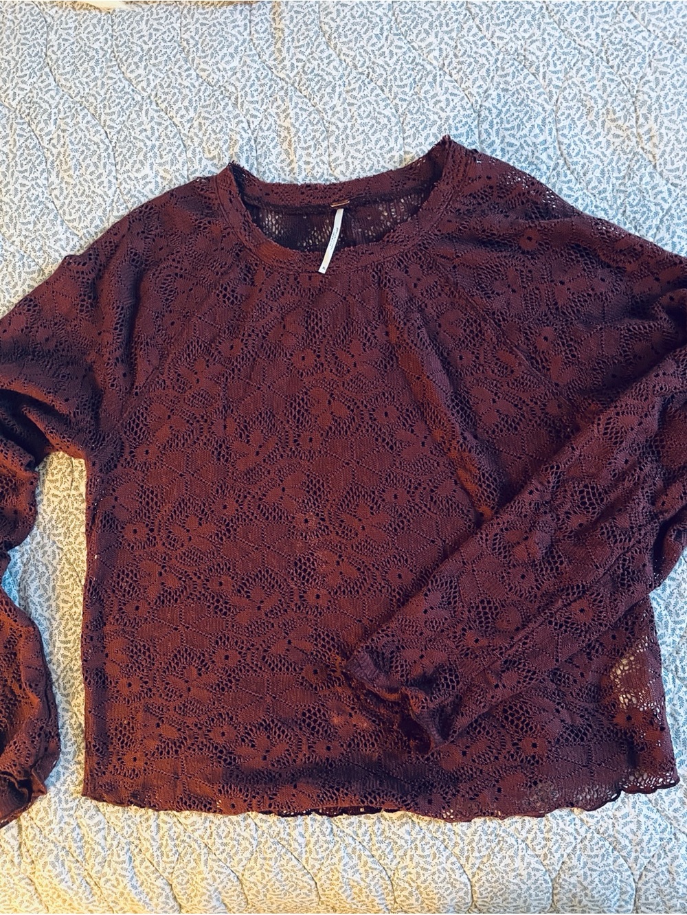 Free People! burgundy lace top. Slightly cropped. Just the right amount of sheer